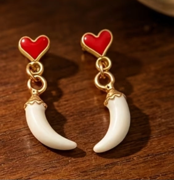 Gold Plated Good Luck Italian Horn Little Chili Cornicello Corn White Mini Tiny Heart Drop  Dangle Earrings