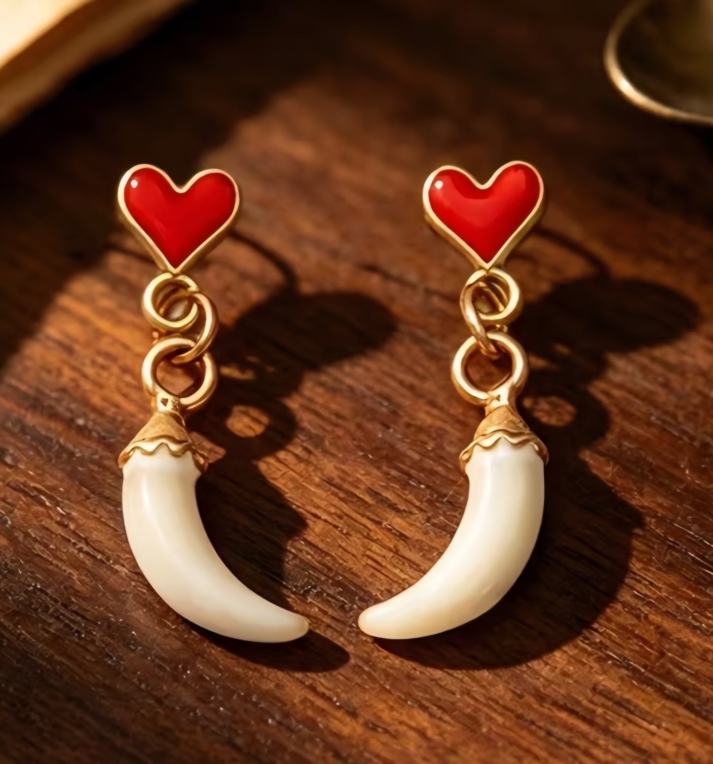 Gold Plated Good Luck Italian Horn Little Chili Cornicello Corn White Mini Tiny Heart Drop  Dangle Earrings