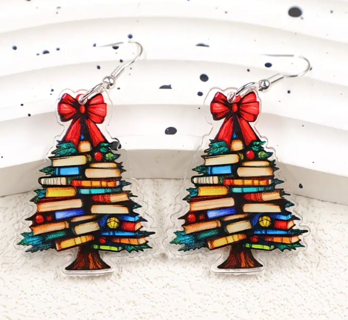 Acrylic Book Christmas Tree Festive Holiday Red Bow Cartoon Drop Dangle Earrings