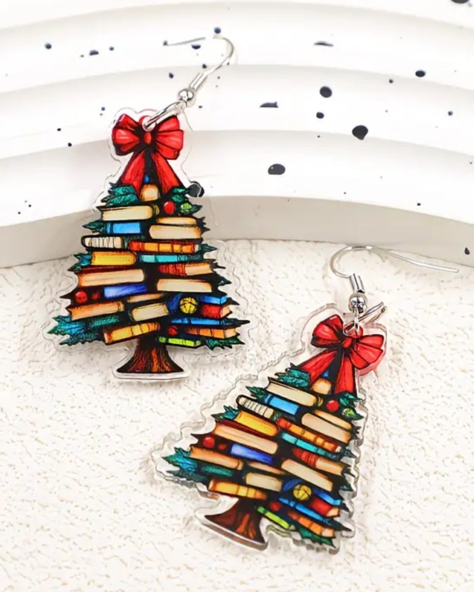Acrylic Book Christmas Tree Festive Holiday Red Bow Cartoon Drop Dangle Earrings