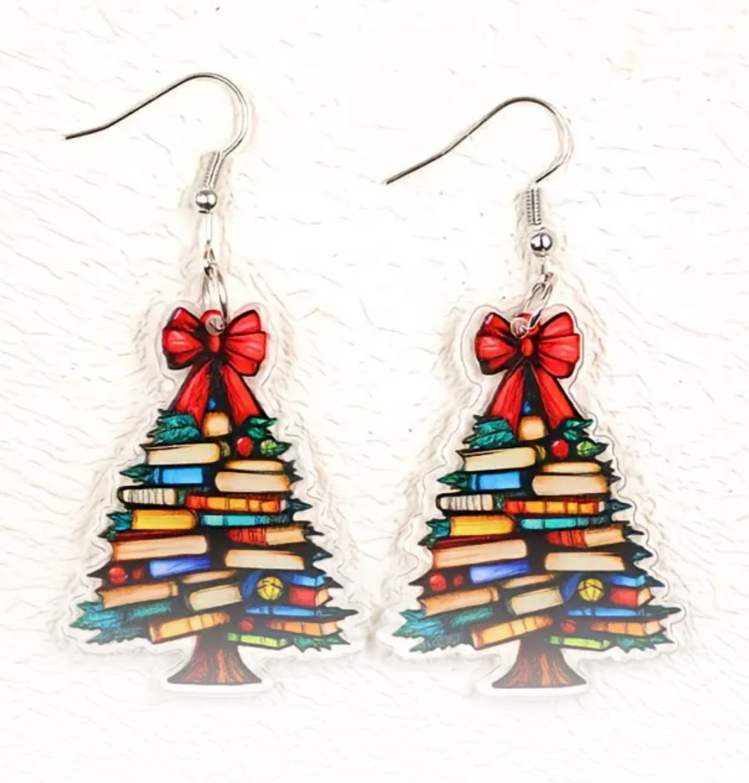Acrylic Book Christmas Tree Festive Holiday Red Bow Cartoon Drop Dangle Earrings