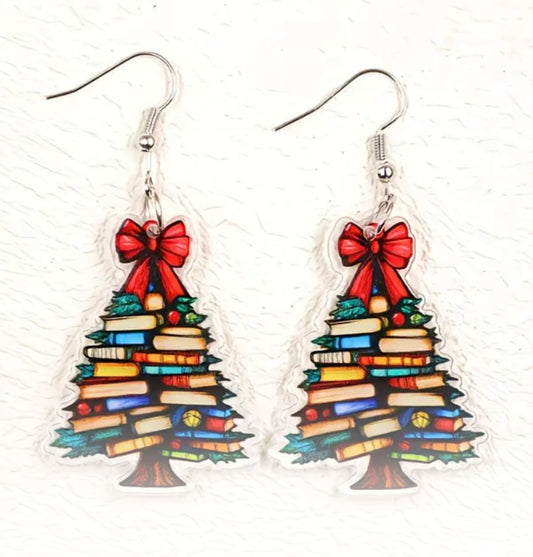 Acrylic Book Christmas Tree Festive Holiday Red Bow Cartoon Drop Dangle Earrings