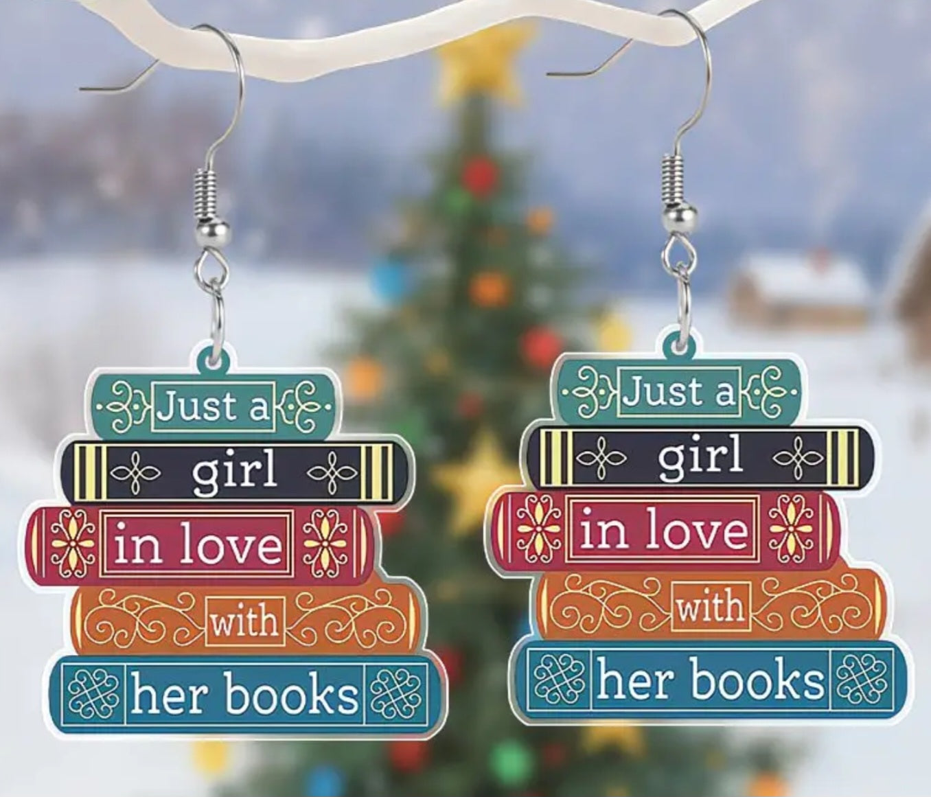 Acrylic Book Stack Design Just A Girl In Love With Her Books Drop Dangle Earrings