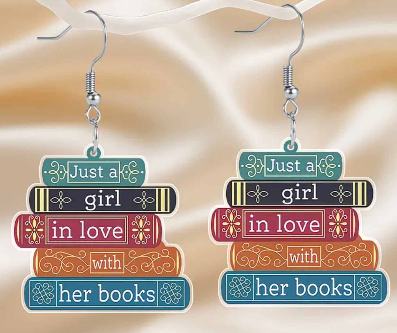 Acrylic Book Stack Design Just A Girl In Love With Her Books Drop Dangle Earrings