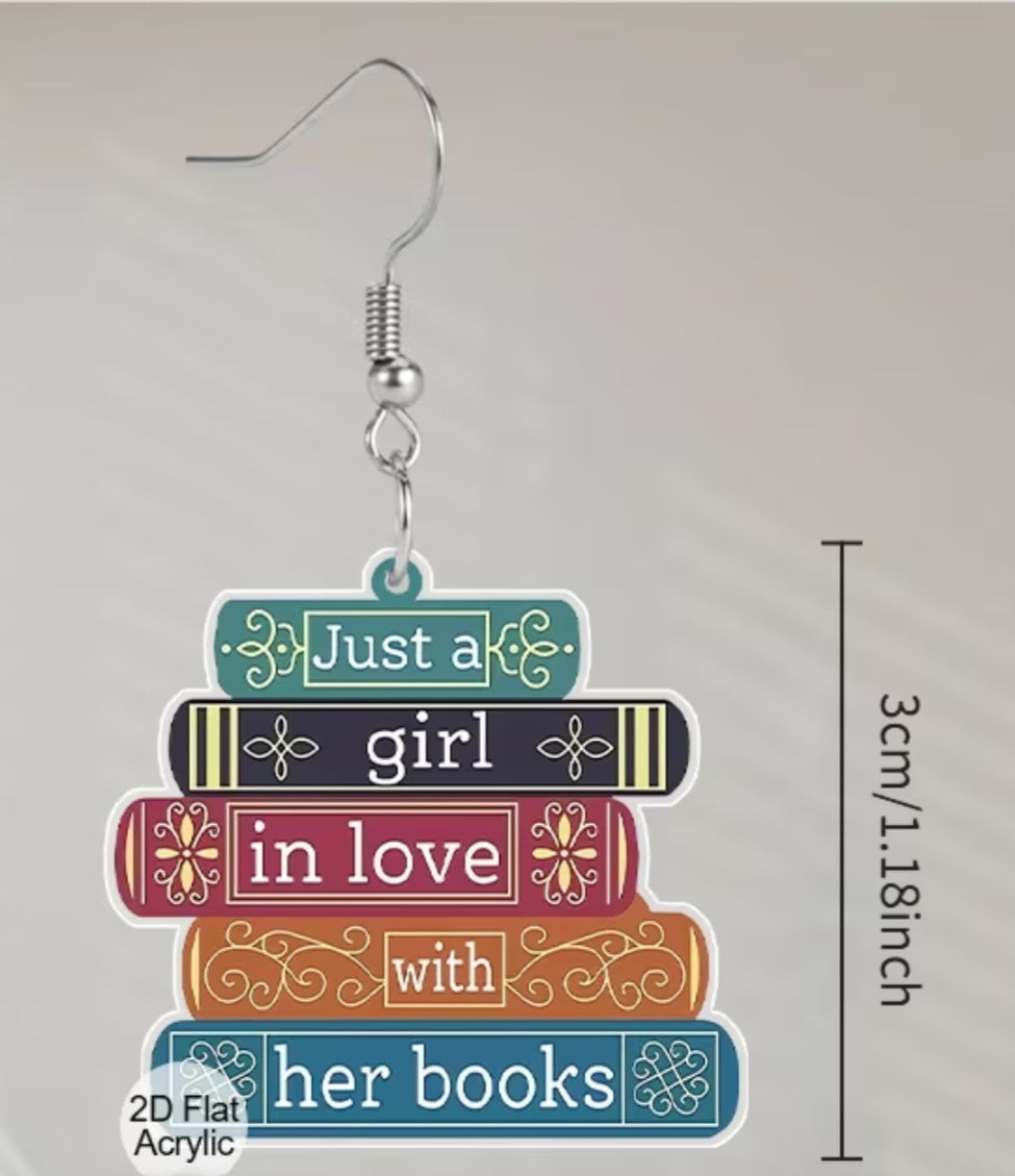Acrylic Book Stack Design Just A Girl In Love With Her Books Drop Dangle Earrings