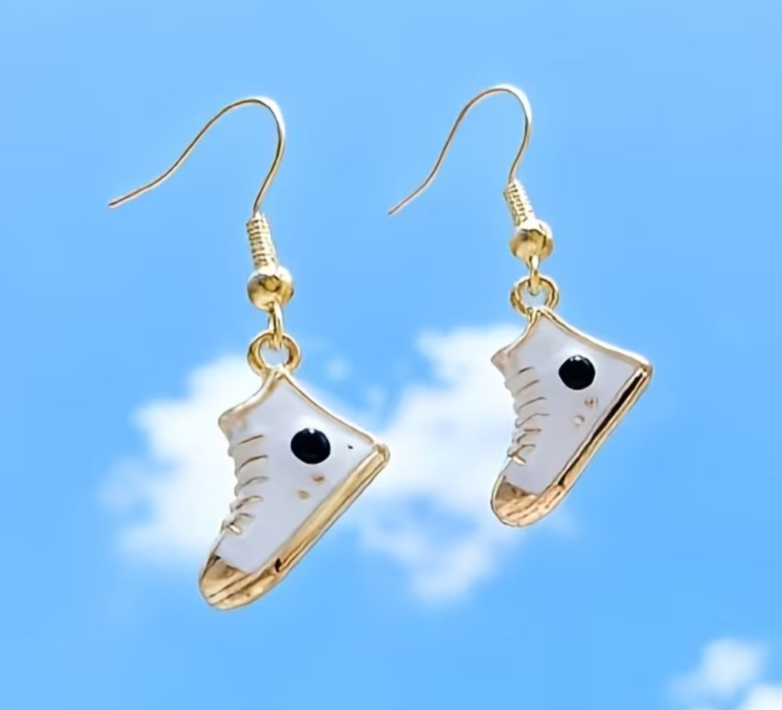 Athletic Converse High Top Sneaker Shoe Inspired Cartoon Jogger Shoe Small White Enamel Painted Metal Drop Dangle Earrings