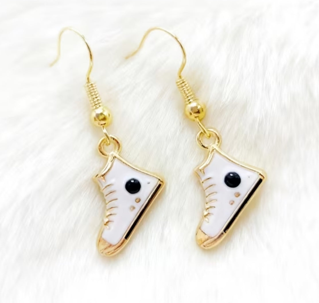 Athletic Converse High Top Sneaker Shoe Inspired Cartoon Jogger Shoe Small White Enamel Painted Metal Drop Dangle Earrings