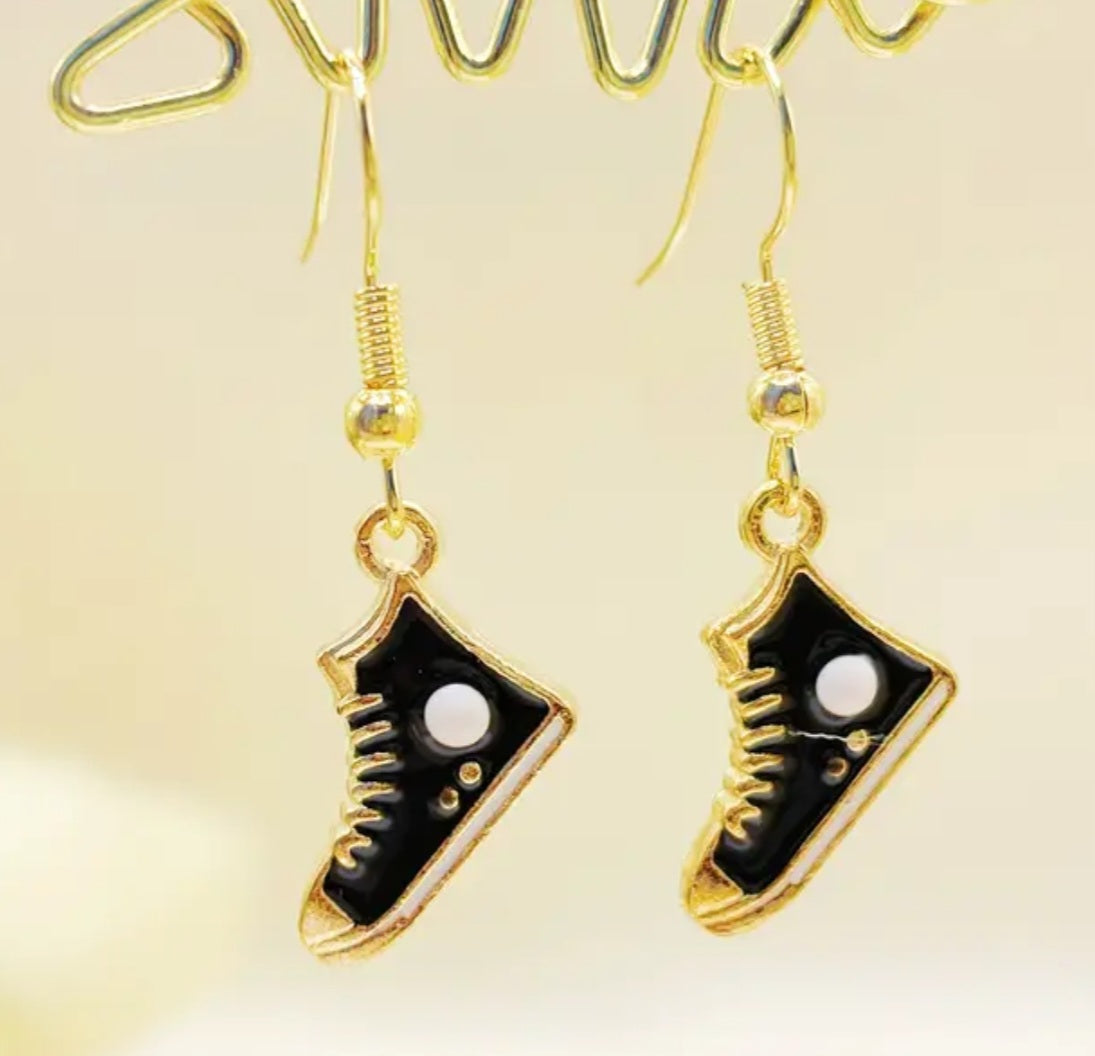 Athletic Converse High Top Sneaker Shoe Inspired Cartoon Jogger Shoe Small Black Enamel Painted Metal Drop Dangle Earrings
