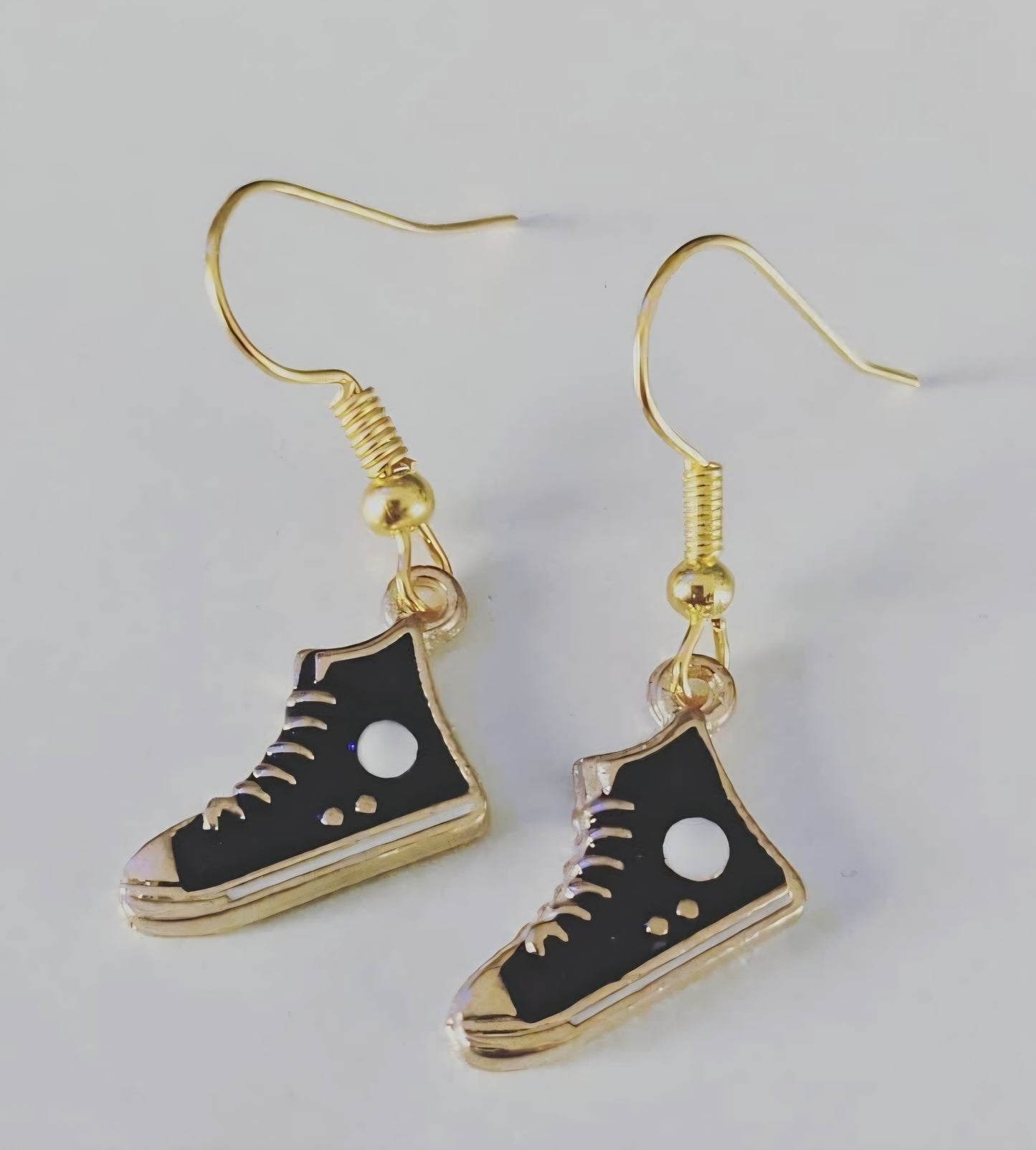 Athletic Converse High Top Sneaker Shoe Inspired Cartoon Jogger Shoe Small Black Enamel Painted Metal Drop Dangle Earrings