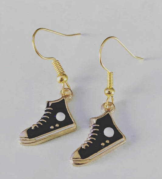 Athletic Converse High Top Sneaker Shoe Inspired Cartoon Jogger Shoe Small Black Enamel Painted Metal Drop Dangle Earrings
