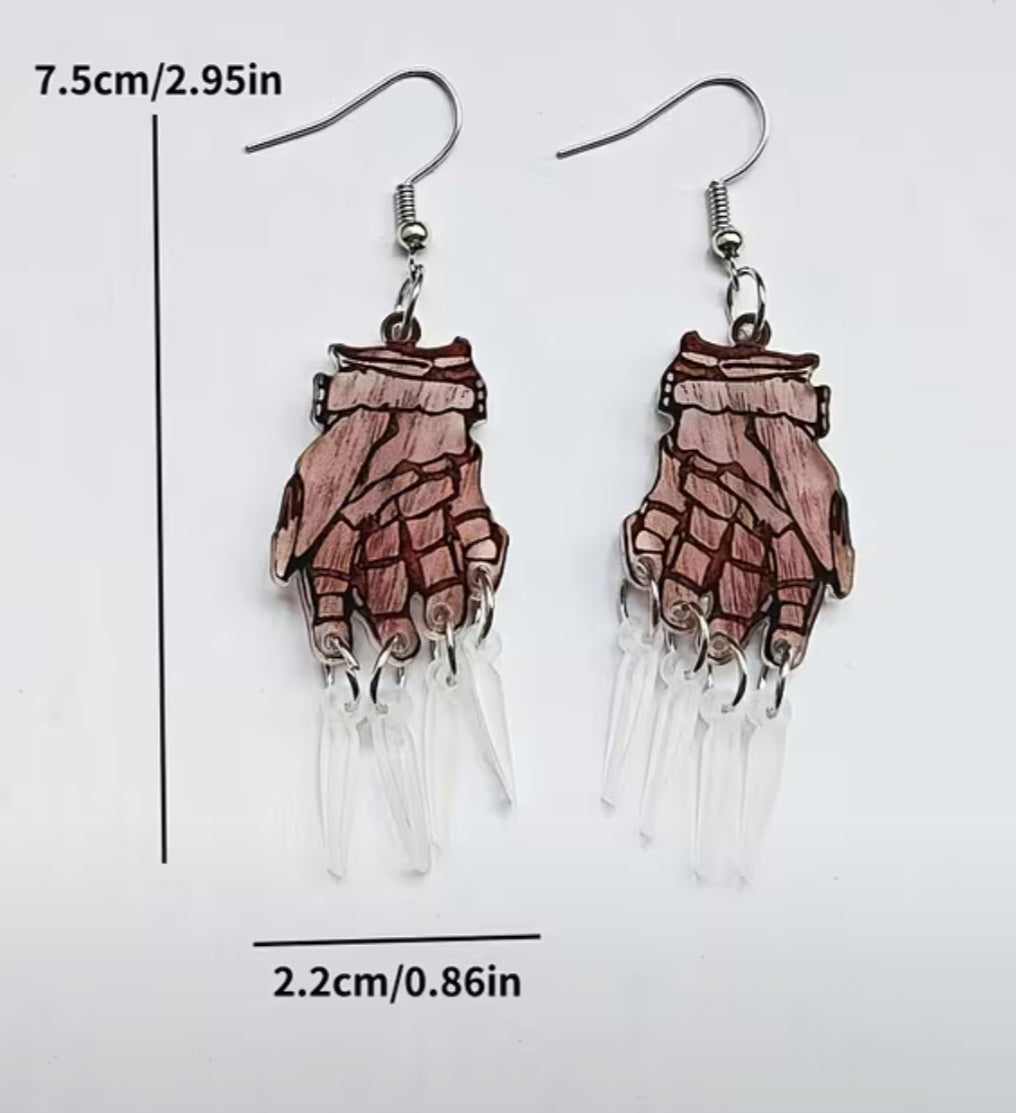 A Nightmare On Elm Street Freddy Krueger Glove Knife Finger Hand Acrylic Halloween Retro 80s Horror Movie Inspired Drop Dangle Earrings