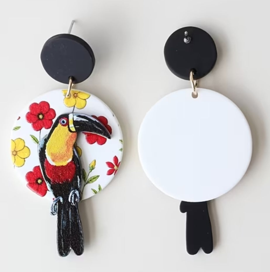 Acrylic Bird Circle Floral Black Toucan Flowers Large Drop Dangle Earrings