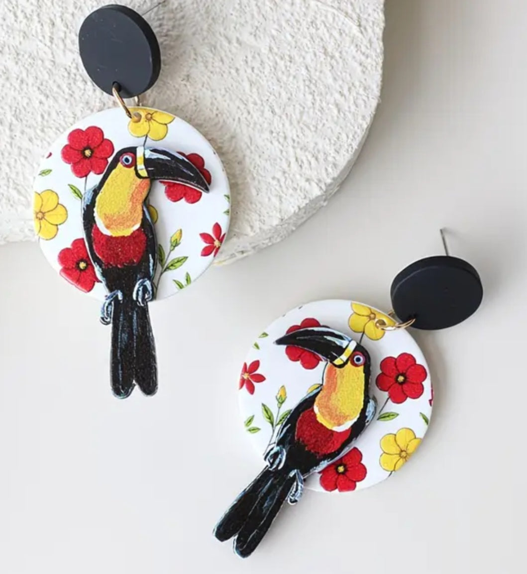 Acrylic Bird Circle Floral Black Toucan Flowers Large Drop Dangle Earrings