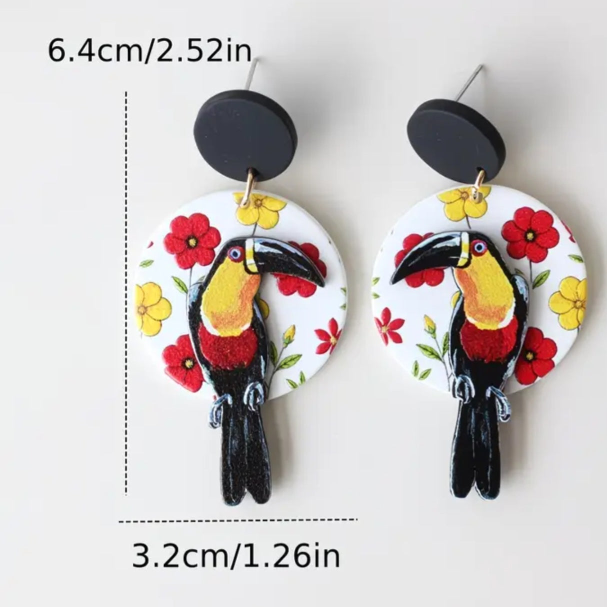 Acrylic Bird Circle Floral Black Toucan Flowers Large Drop Dangle Earrings