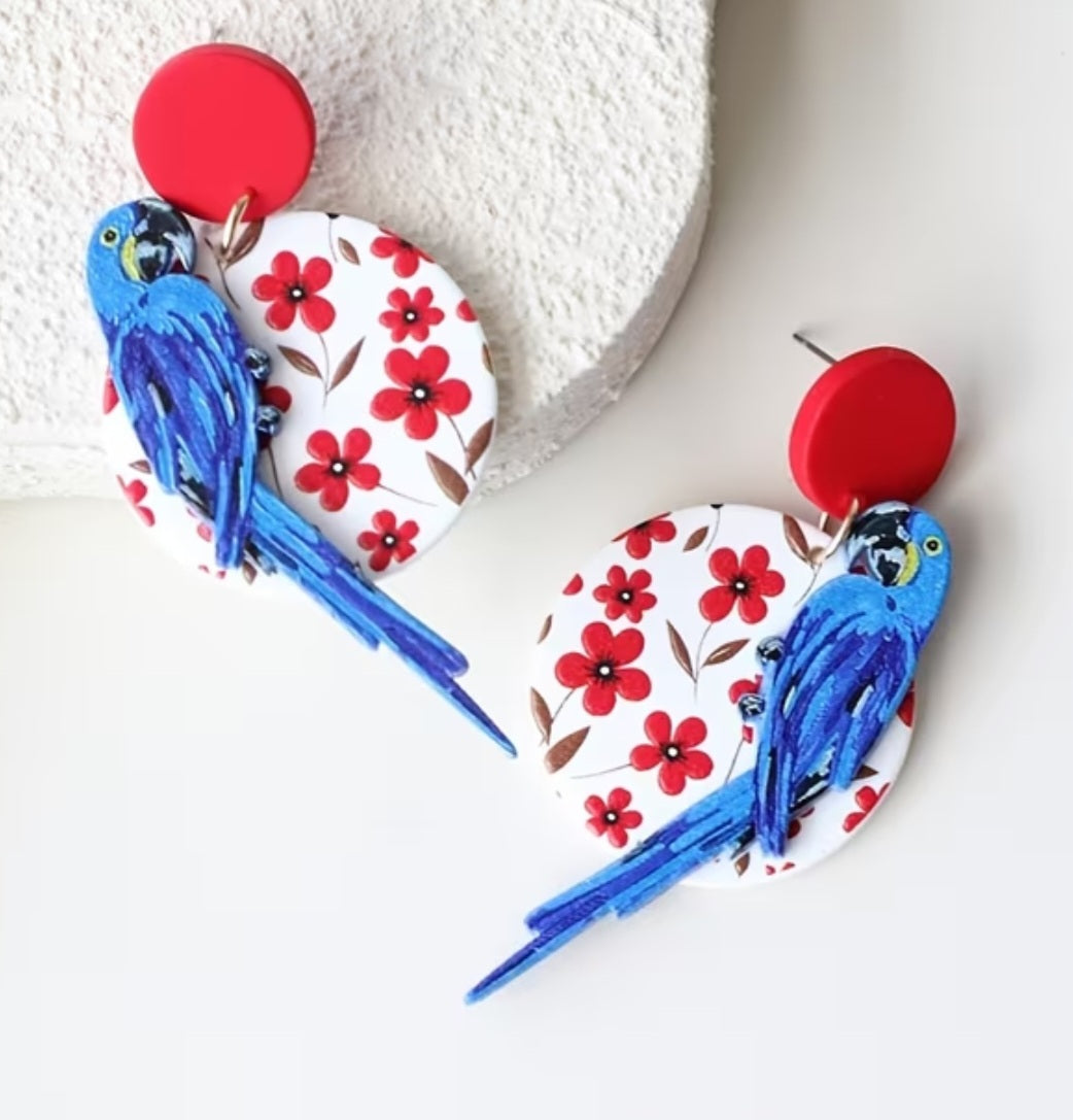 Acrylic Bird Circle Floral Blue Macaw Parrot Flowers Large Drop Dangle Earrings
