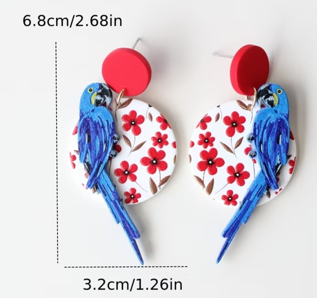 Acrylic Bird Circle Floral Blue Macaw Parrot Flowers Large Drop Dangle Earrings