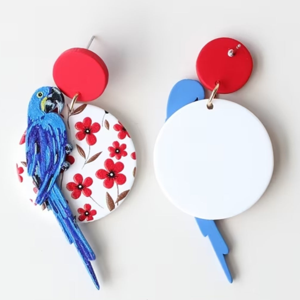 Acrylic Bird Circle Floral Blue Macaw Parrot Flowers Large Drop Dangle Earrings