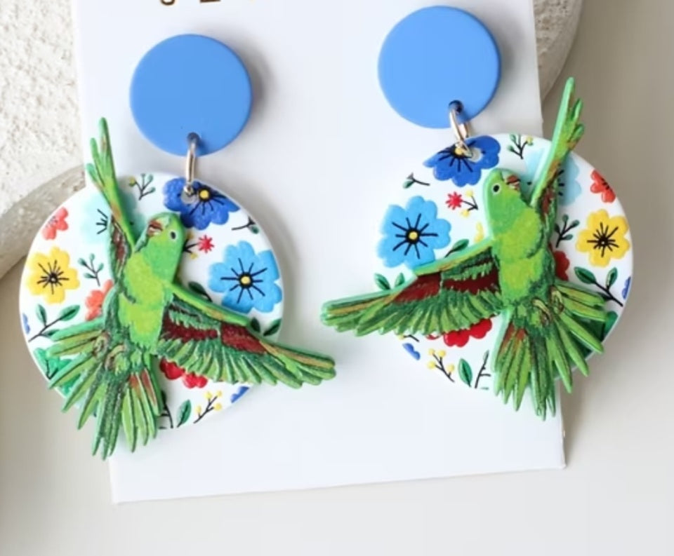 Acrylic Bird Circle Floral Green Monk Parrot Quaker Parakeet Flowers Large Drop Dangle Earrings