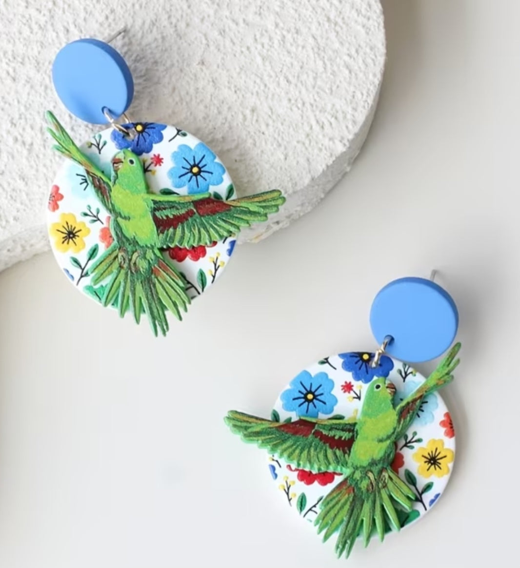 Acrylic Bird Circle Floral Green Monk Parrot Quaker Parakeet Flowers Large Drop Dangle Earrings
