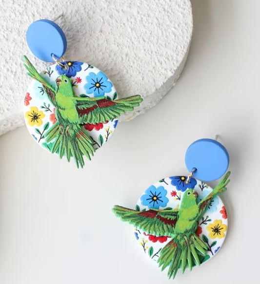 Acrylic Bird Circle Floral Green Monk Parrot Quaker Parakeet Flowers Large Drop Dangle Earrings