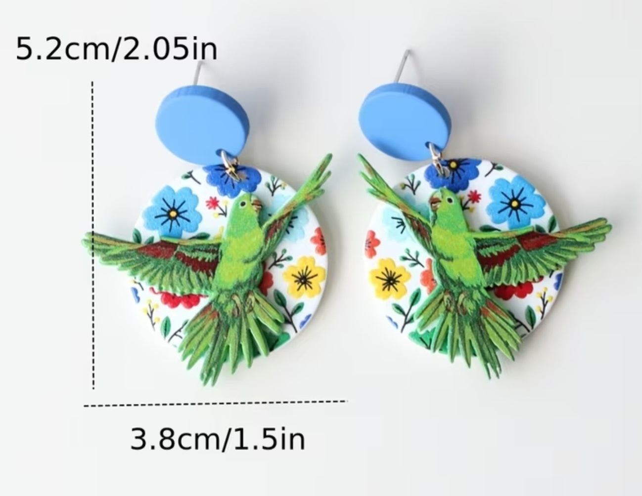 Acrylic Bird Circle Floral Green Monk Parrot Quaker Parakeet Flowers Large Drop Dangle Earrings