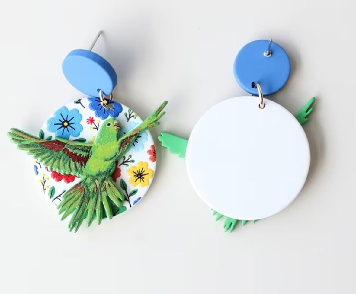 Acrylic Bird Circle Floral Green Monk Parrot Quaker Parakeet Flowers Large Drop Dangle Earrings