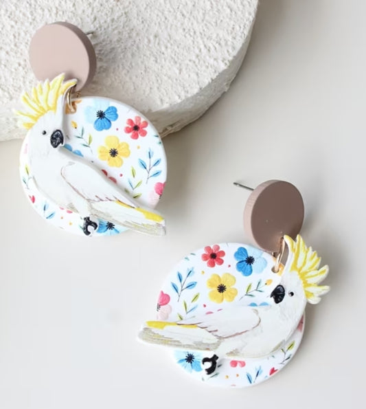 Acrylic Bird Circle Floral Button Yellow Sulpher Crested Cockatoo Cockatiel Flowers Large Drop Dangle Earrings
