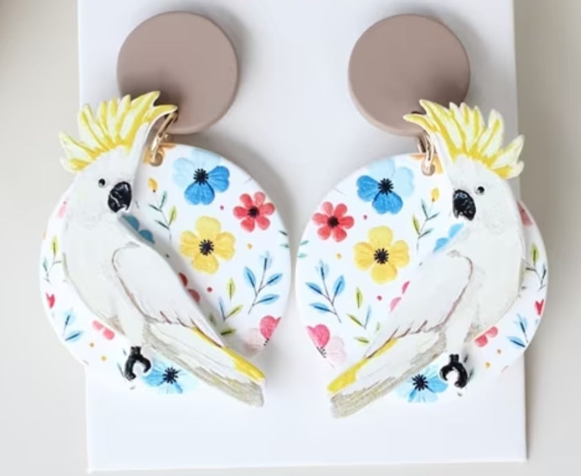 Acrylic Bird Circle Floral Button Yellow Sulfer Crested Cockatoo Cockatiel Flowers Large Drop Dangle Earrings