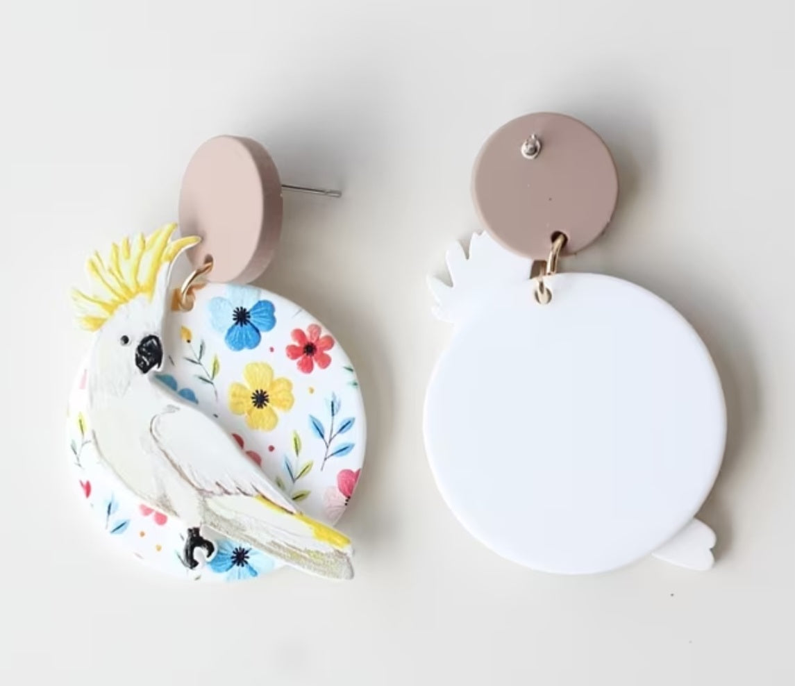 Acrylic Bird Circle Floral Button Yellow Sulfer Crested Cockatoo Cockatiel Flowers Large Drop Dangle Earrings
