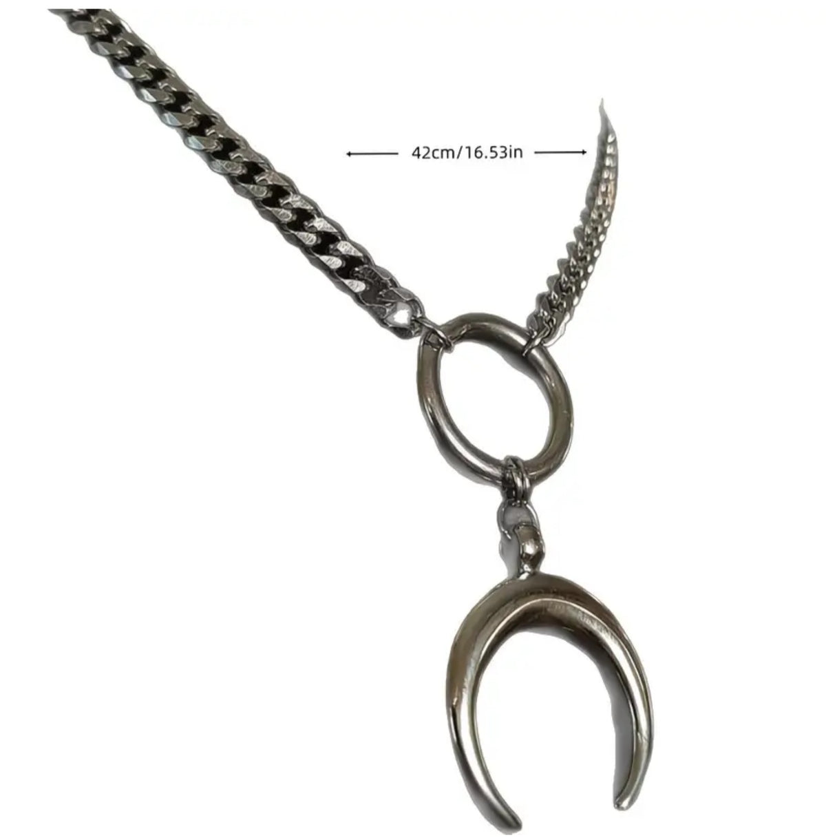 Chain Link Crescent Moon  O Ring Link Pendant Gothic Punk Design Silver Plated Necklace