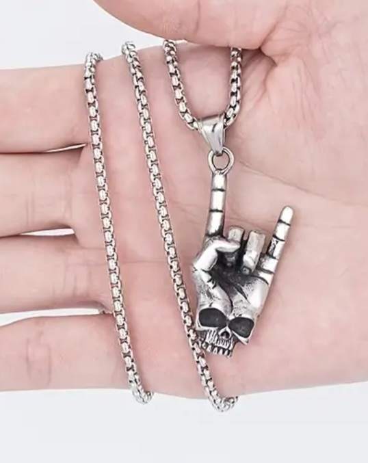 Stainless Steel Large Metal Rock Horns Hand Skull Pendant Necklace On Chain