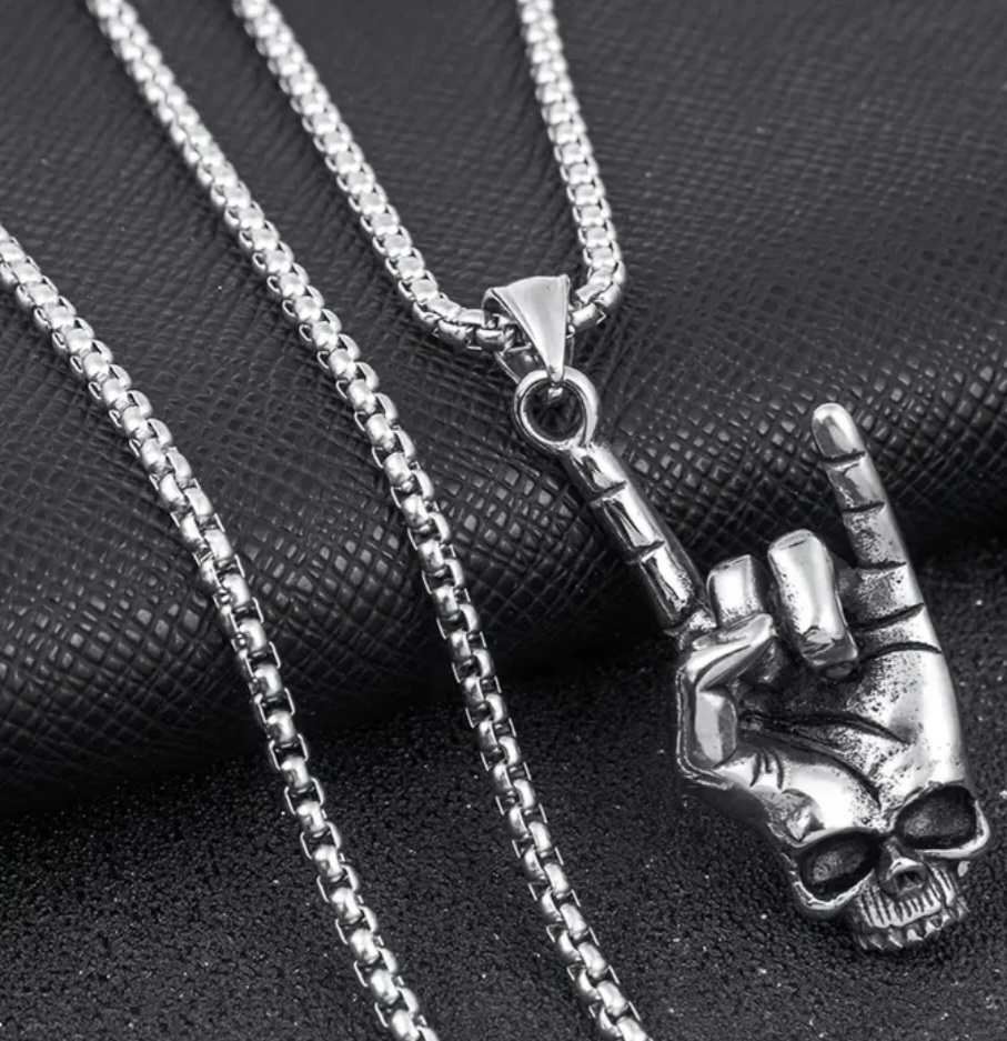 Stainless Steel Large Metal Rock Horns Hand Skull Pendant Necklace On Chain