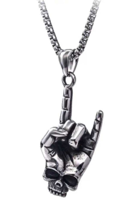 Stainless Steel Large Metal Rock Horns Hand Skull Pendant Necklace On Chain