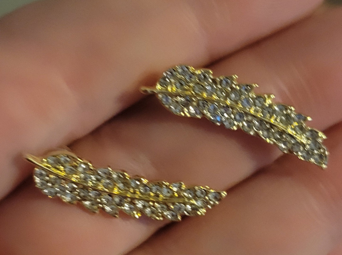 Bling Gold Plated Cubic Zircon Leaf Feather Design Lightweight Ear Climber/Long Drop Stud Earrings Can Be Worn Both Ways