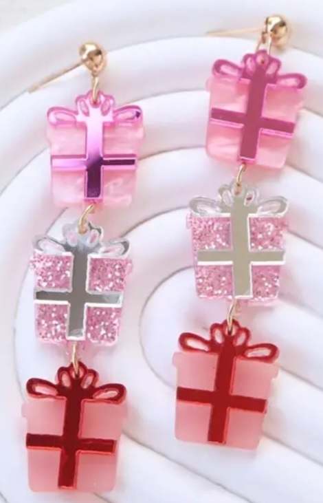 Sparkle Glitter Pink Acrylic Dangle Birthday Christmas Festive Present Dangle Earrings