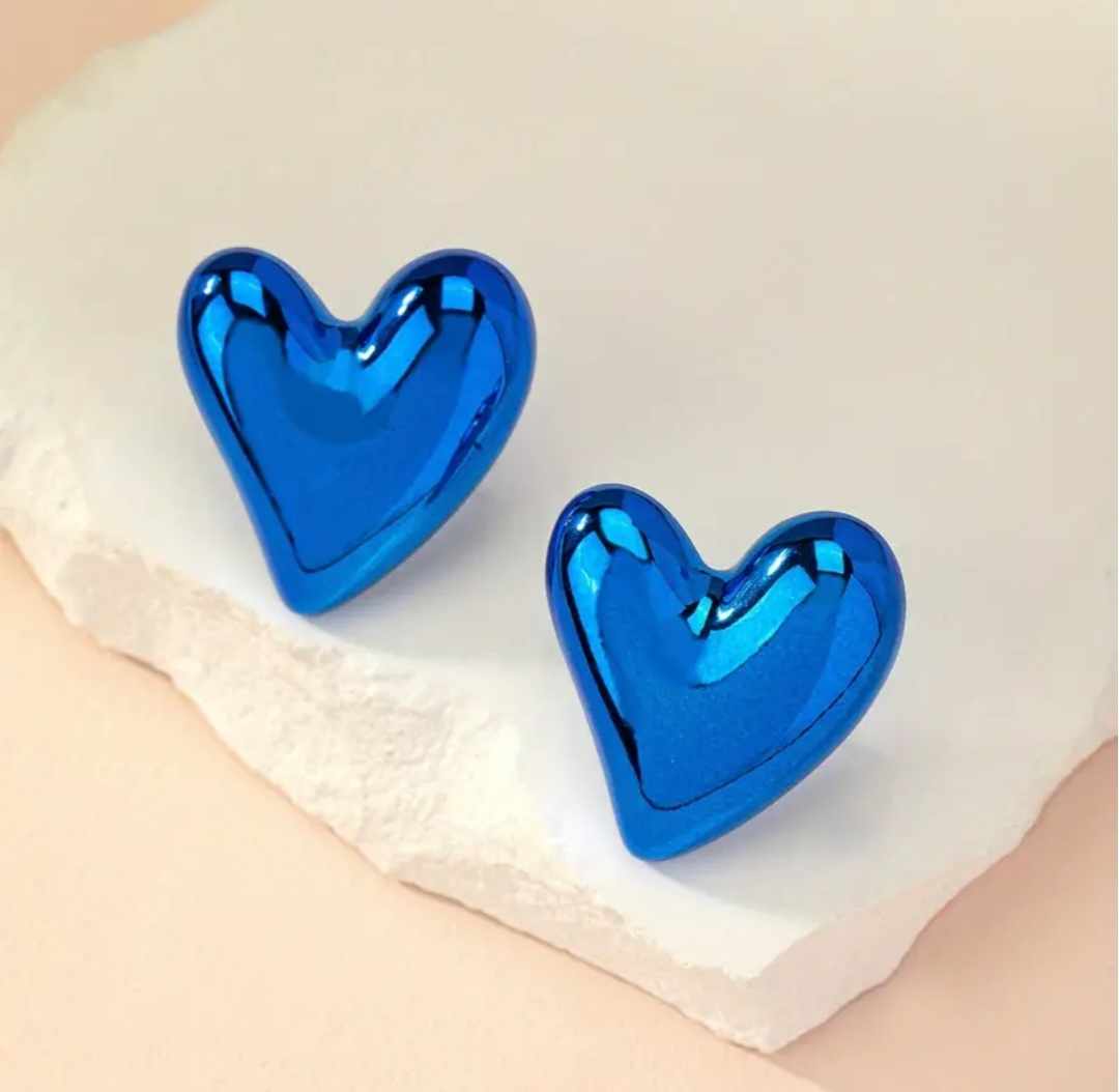 Large Shiny Blue Heart Plastic Stud Earrings