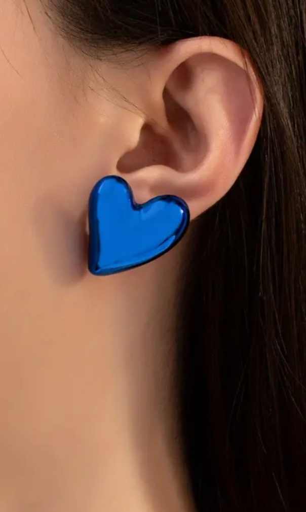 Large Shiny Blue Heart Plastic Stud Earrings