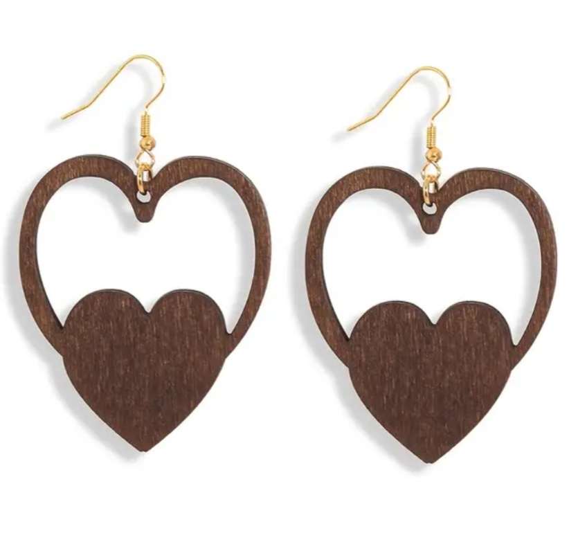 Large Brown Wood Double Heart Drop Earrings