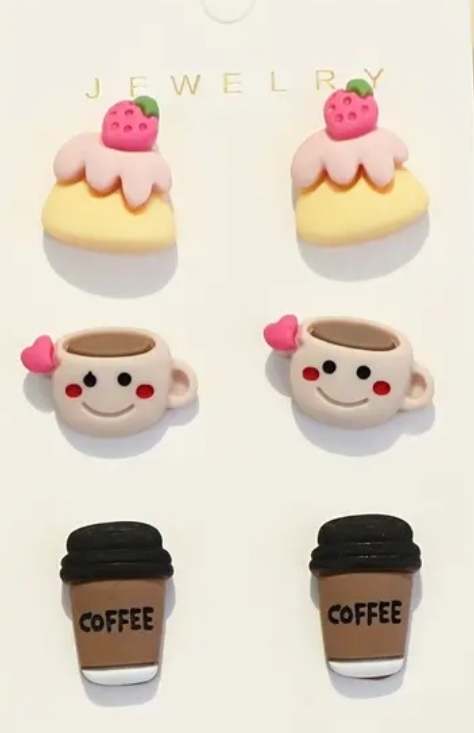 Strawberry Cake Coffee Cup Take Away Coffee Resin Stud Earrings Set Of 3