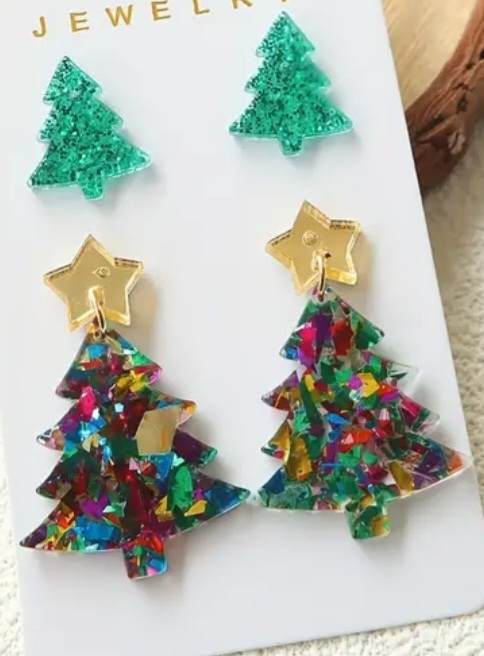 Set of 2 Sparkle Glitter Green Acrylic Dangle Christmas Tree Festive Dangle Earrings and Studs