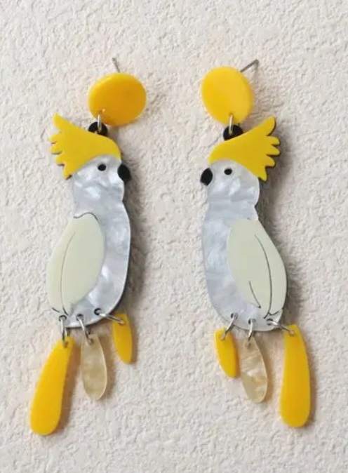 Bright Bold Acrylic Sulphur-Crested Cockatoo Parrot Design Drop Dangle Earrings