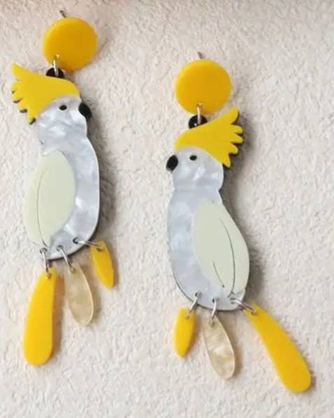 Bright Bold Acrylic Sulphur-Crested Cockatoo Parrot Design Drop Dangle Earrings