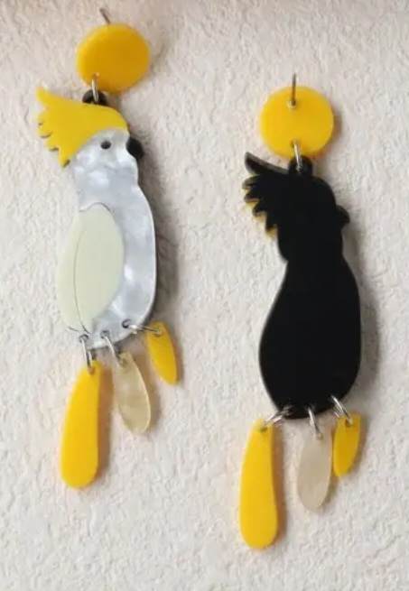 Bright Bold Acrylic Sulphur-Crested Cockatoo Parrot Design Drop Dangle Earrings