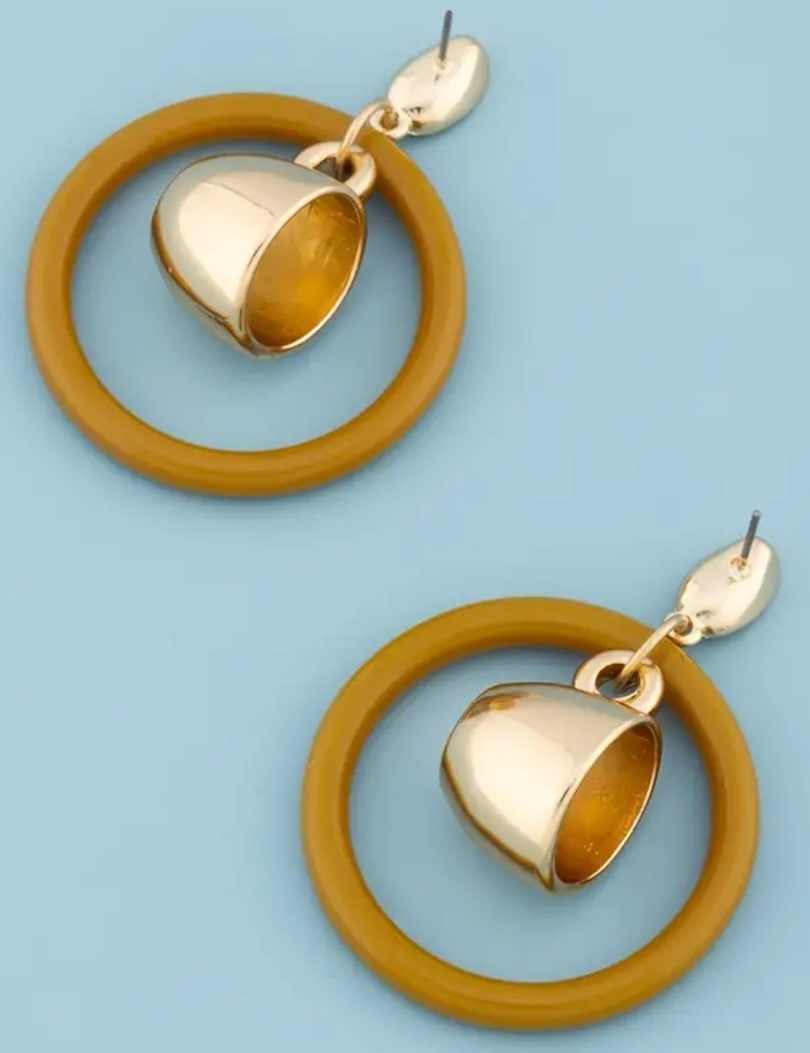 Gold Plated Coffee Bean & Cup With Acrylic Ring Dangle Drop Earrings