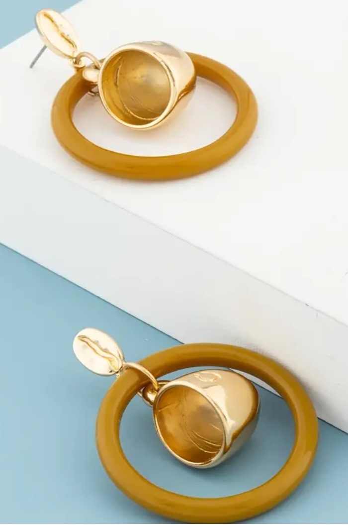 Gold Plated Coffee Bean & Cup With Acrylic Ring Dangle Drop Earrings