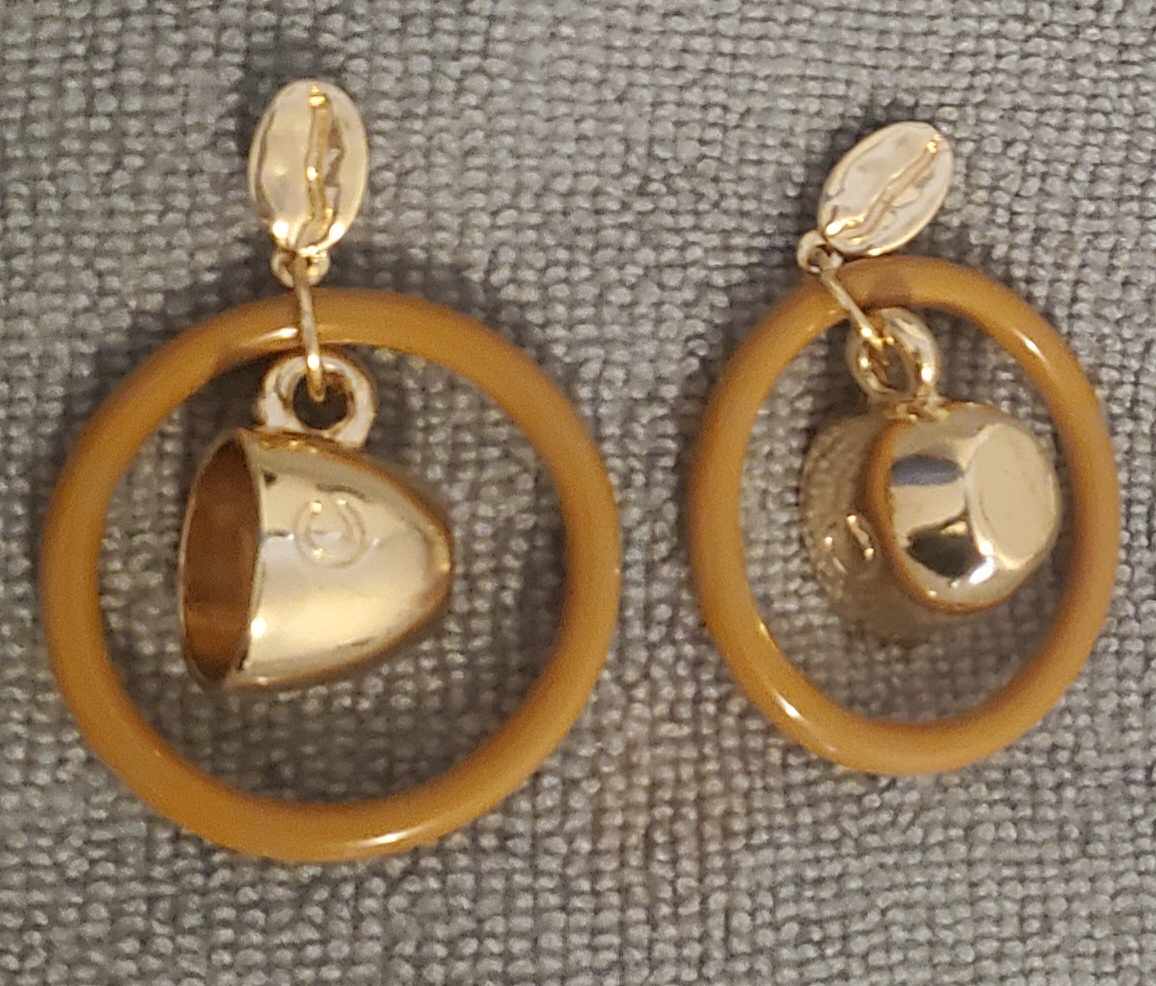 Gold Plated Coffee Bean & Cup With Acrylic Ring Dangle Drop Earrings