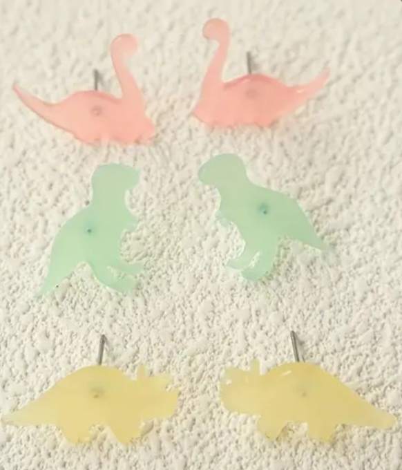 Set Of 3 Transparent Colourful Plastic Acrylic Dinosaur Studs