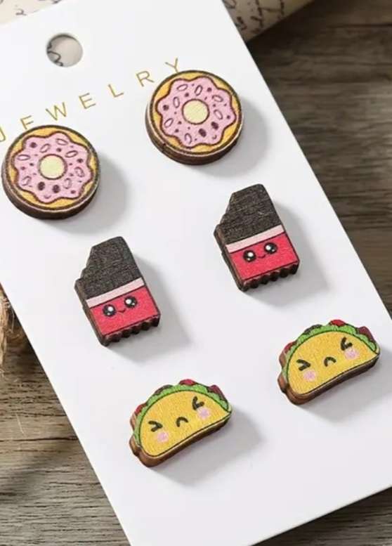 Super Cute Strawberry Iced Donut Chocolate Bar Taco Wooden Stud Earrings Set Of 3