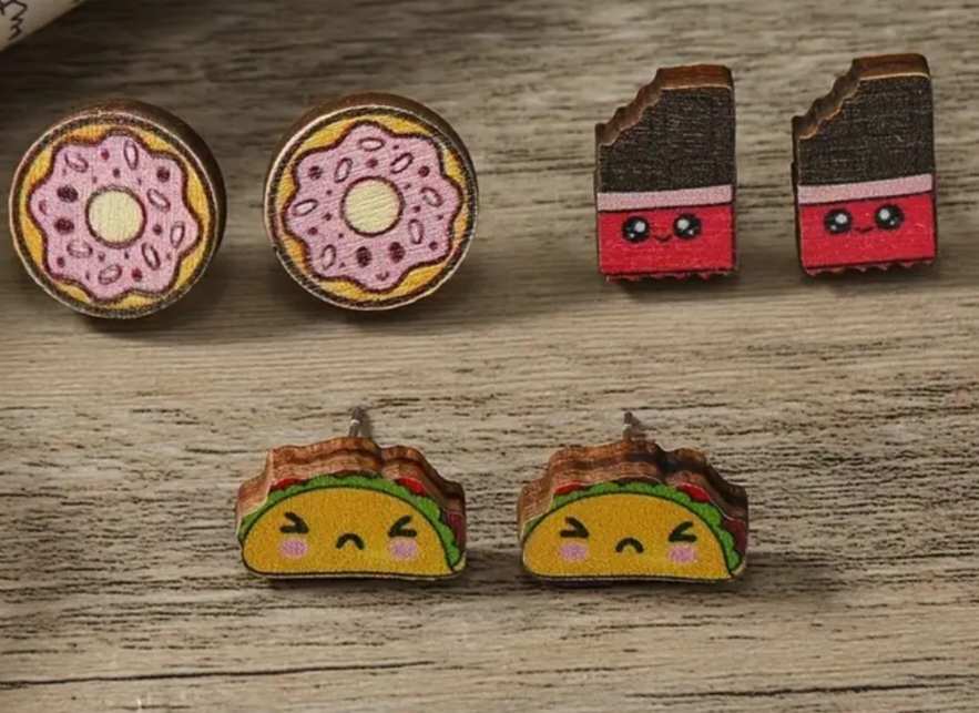 Super Cute Strawberry Iced Donut Chocolate Bar Taco Wooden Stud Earrings Set Of 3