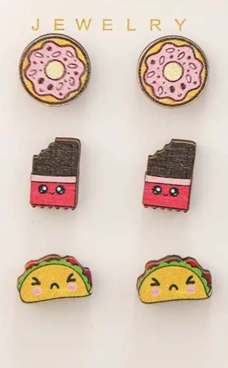 Super Cute Strawberry Iced Donut Chocolate Bar Taco Wooden Stud Earrings Set Of 3